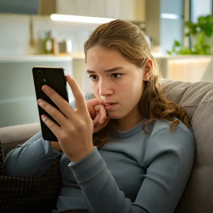 Teenager sitting on a couch looking closely at her phone while biting her nails.