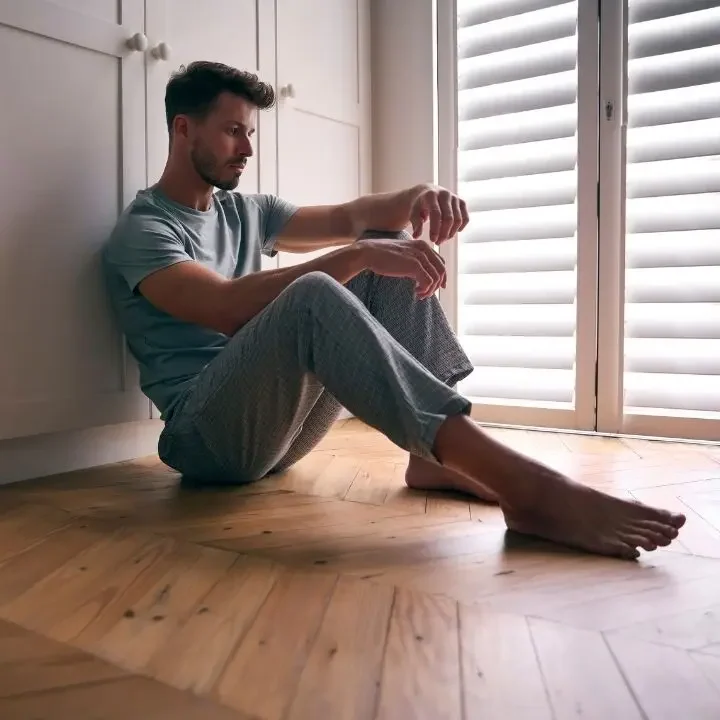 Man sitting on the floor near a window with knees pulled in, looking tense and lost in anxious thoughts.