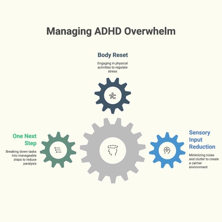 Infographic showing strategies for managing ADHD overwhelm in adults.